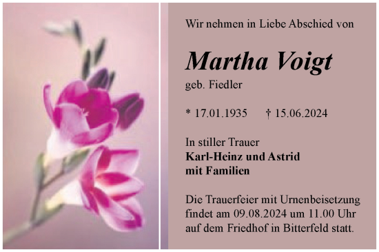 Traueranzeige von Martha Voigt von Trauerkombi Bitterfeld