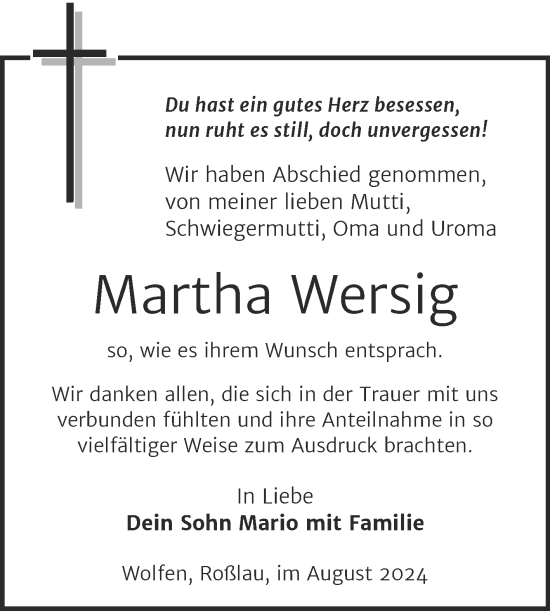 Traueranzeige von Martha Wersig von Trauerkombi Bitterfeld