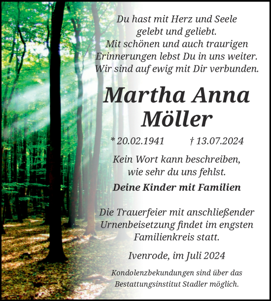 Traueranzeige von Martha Anna Möller von Volksstimme Haldensleben/Wolmirstedt
