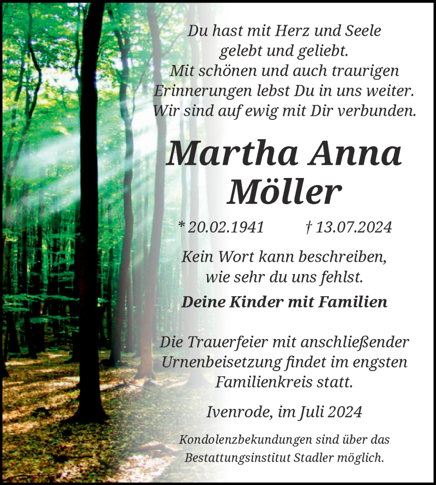  Traueranzeige für Martha Anna Möller vom 27.07.2024 aus Volksstimme Haldensleben/Wolmirstedt