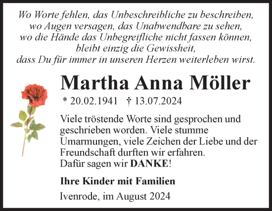 Traueranzeige von Martha Anna Möller von Volksstimme Haldensleben/Wolmirstedt