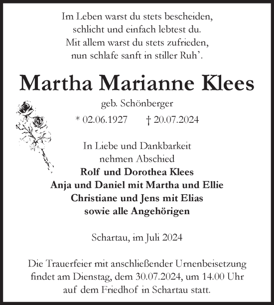 Traueranzeige von Martha Marianne Klees von Volksstimme Altmark Ost
