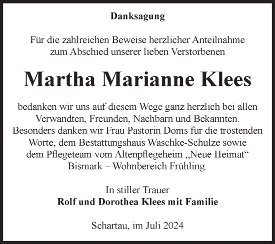 Traueranzeige von Martha Marianne Klees von Volksstimme Altmark Ost