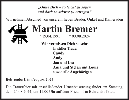 Traueranzeige von Martin Bremer von Volksstimme Altmark Ost