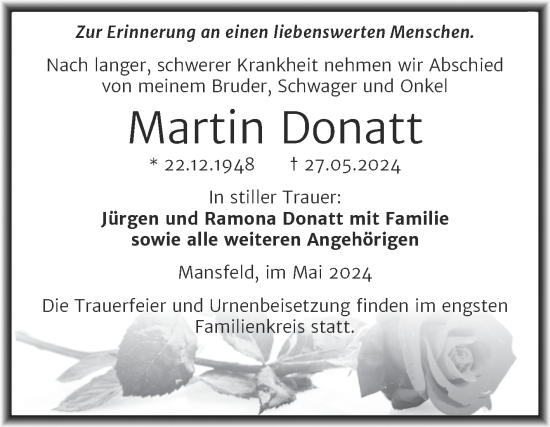 Traueranzeige von Martin Donatt von Trauerkombi Mansfelder Land