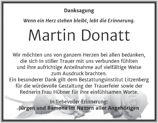 Traueranzeige von Martin Donatt von Trauerkombi Mansfelder Land