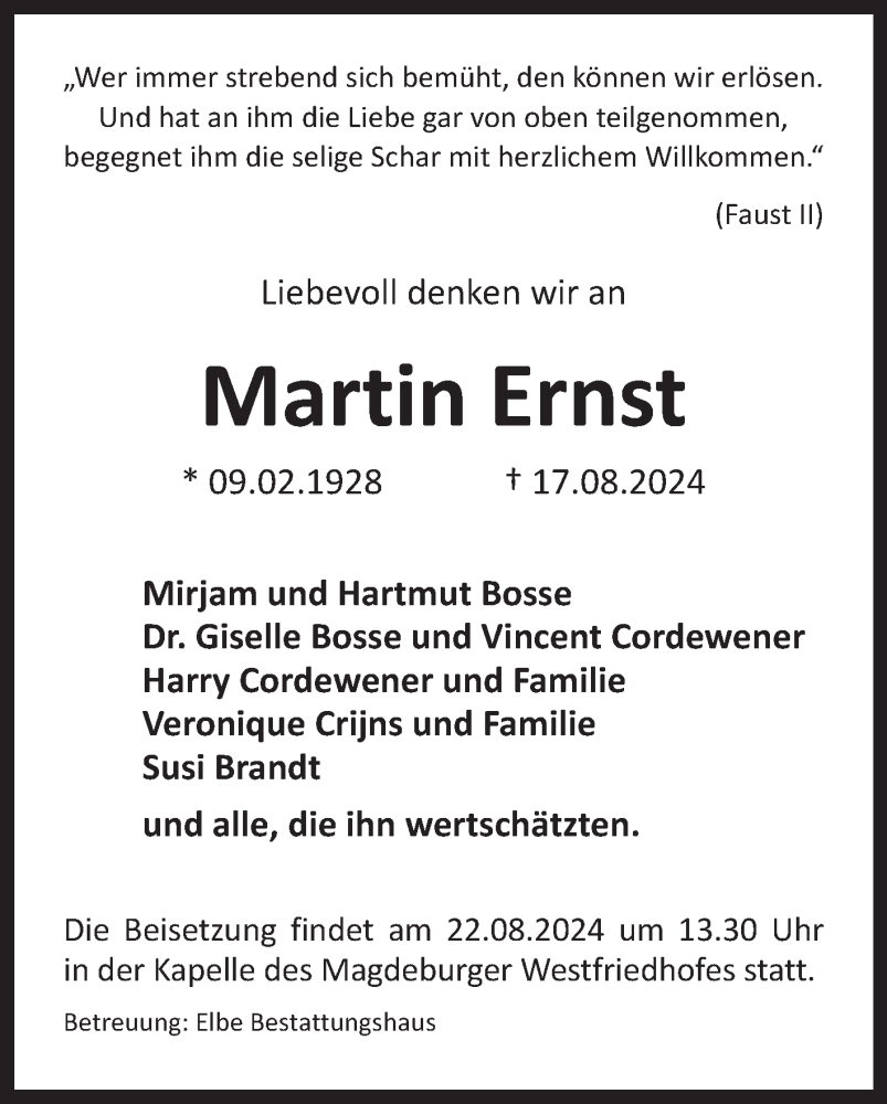  Traueranzeige für Martin Ernst vom 21.08.2024 aus Volksstimme Magdeburg