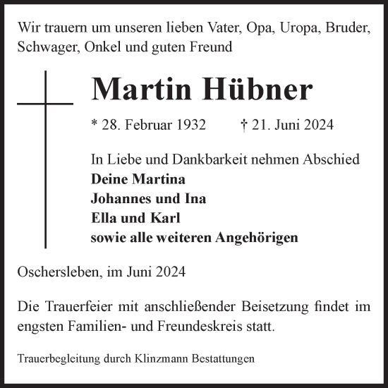 Traueranzeige von Martin Hübner von Volksstimme Oschersleben/Wanzleben