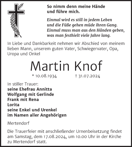 Traueranzeige von Martin Knof von Super Sonntag Naumburg/Nebra