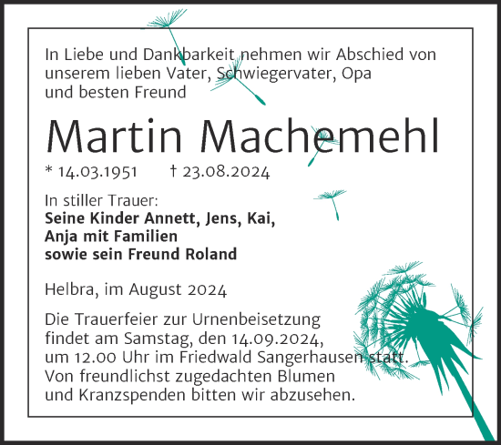 Traueranzeige von Martin Machemehl von Trauerkombi Mansfelder Land