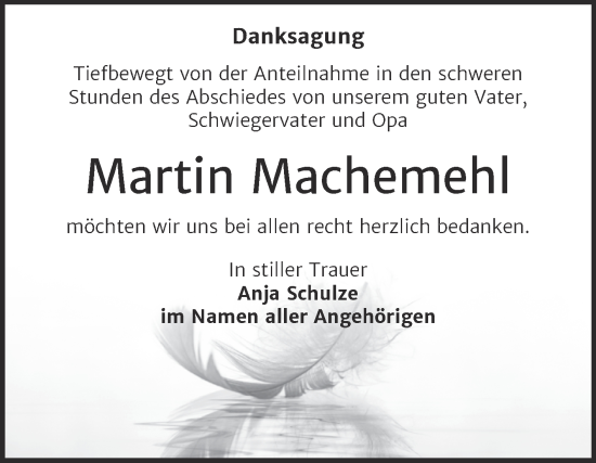 Traueranzeige von Martin Machemehl von Trauerkombi Mansfelder Land