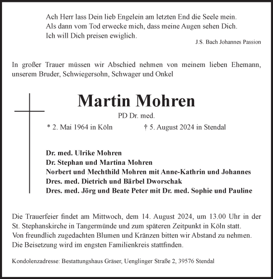 Traueranzeige von Martin Mohren von Volksstimme Altmark Ost