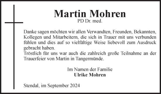 Traueranzeige von Martin Mohren von Volksstimme Altmark Ost