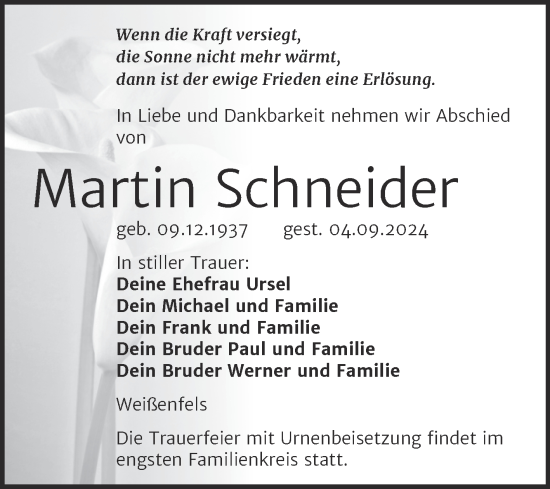 Traueranzeige von Martin Schneider von Trauerkombi Weißenfels
