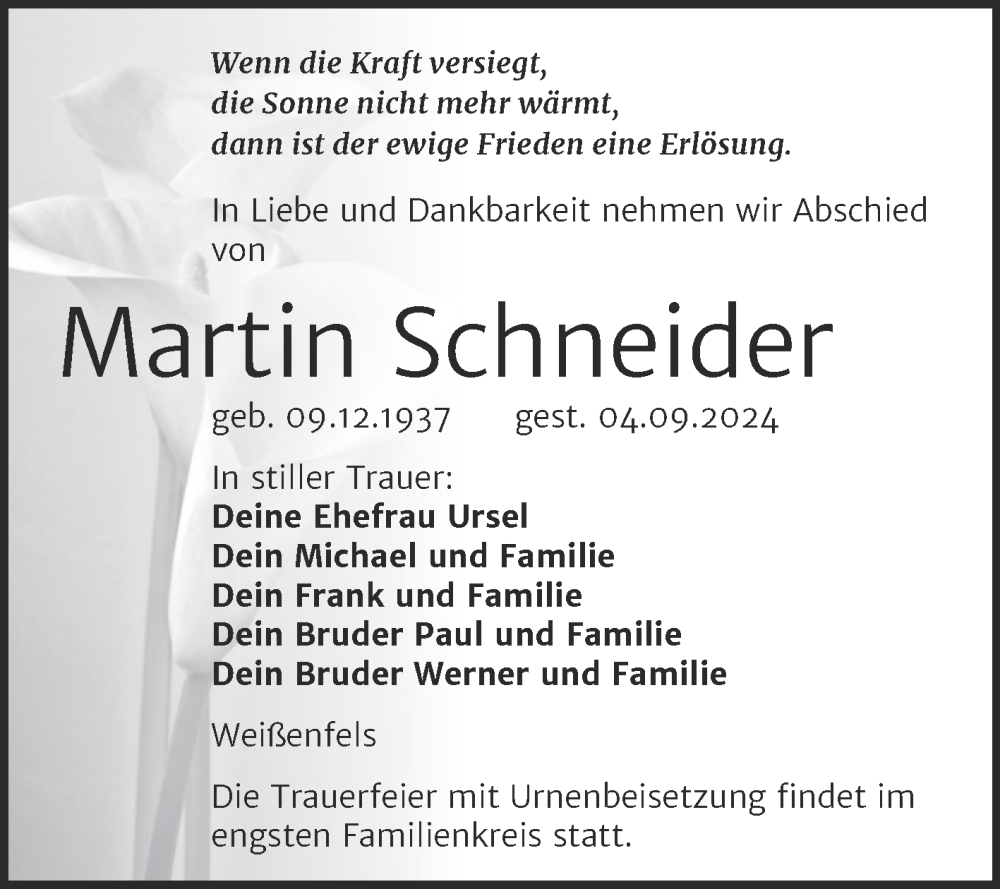  Traueranzeige für Martin Schneider vom 14.09.2024 aus Trauerkombi Weißenfels