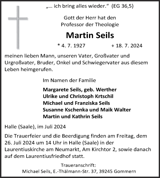 Traueranzeige von Martin Seils von Naumburger Tageblatt
