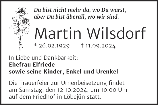 Traueranzeige von Martin Wilsdorf von Mitteldeutsche Zeitung Halle/Saalkreis