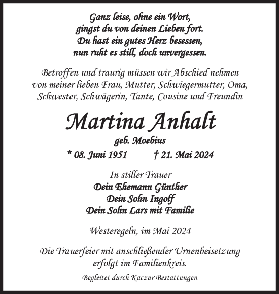 Traueranzeige von Martina Anhalt von Volksstimme Staßfurt