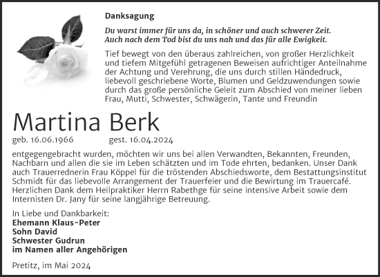 Traueranzeige von Martina Berk von Trauerkombi Merseburg