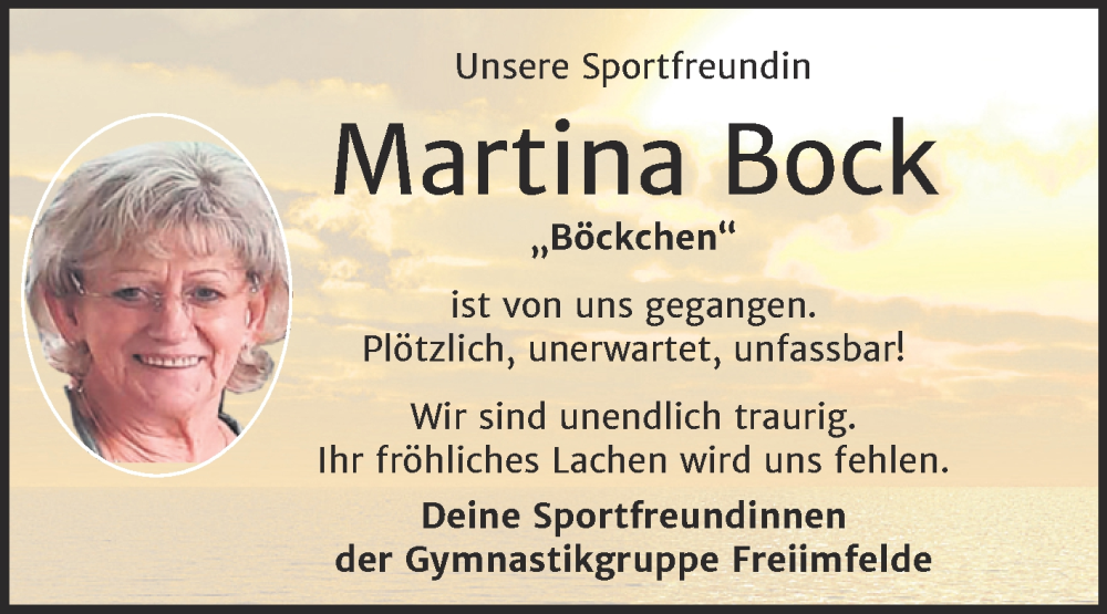  Traueranzeige für Martina Bock vom 01.06.2024 aus Super Sonntag Merseburg/Querfurt
