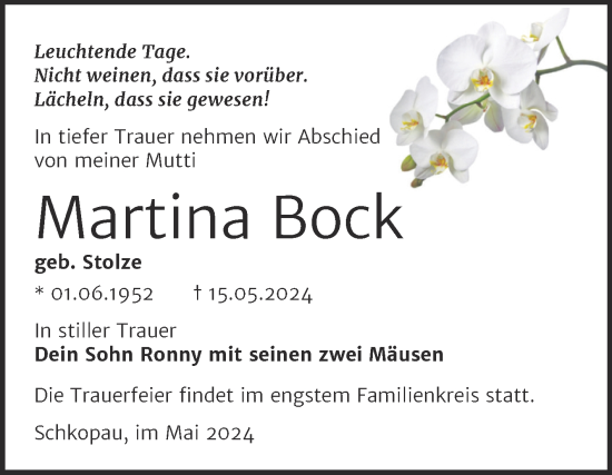 Traueranzeige von Martina Bock von Trauerkombi Merseburg
