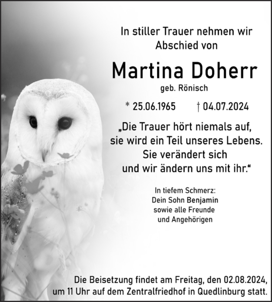  Traueranzeige für Martina Doherr vom 13.07.2024 aus Trauerkombi Quedlinburg