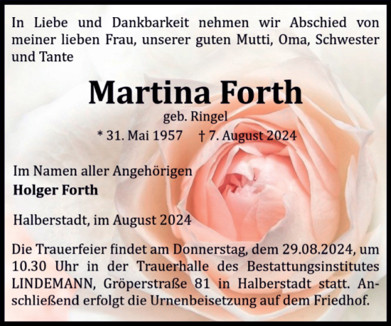 Traueranzeige von Martina Forth von Volksstimme Halberstadt