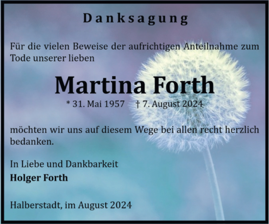 Traueranzeige von Martina Forth von Volksstimme Halberstadt