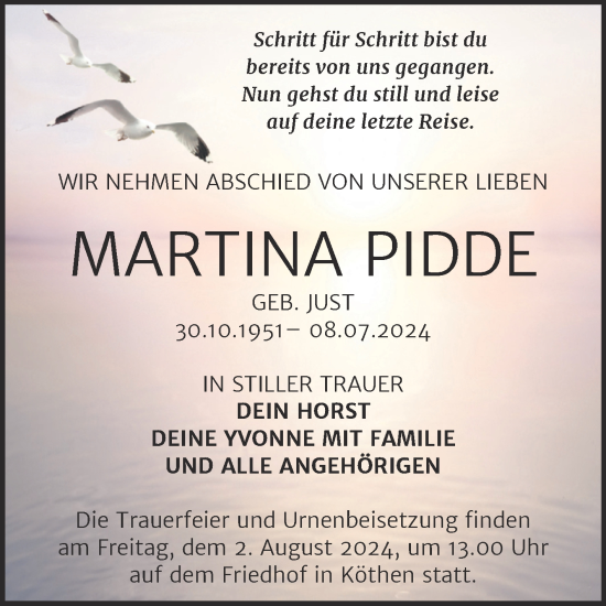 Traueranzeige von Martina Pidde von Trauerkombi Köthen