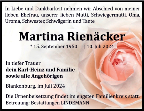 Traueranzeige von Martina Rienäcker von Volksstimme Wernigerode