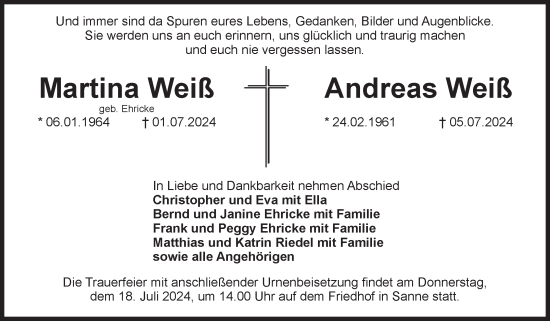 Traueranzeige von Martina und Andreas Weiß von Volksstimme Altmark Ost