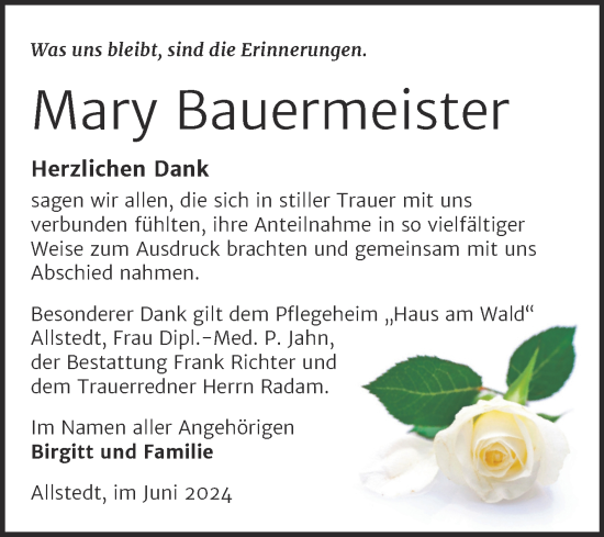 Traueranzeige von Mary Bauermeister von Trauerkombi Sangerhausen