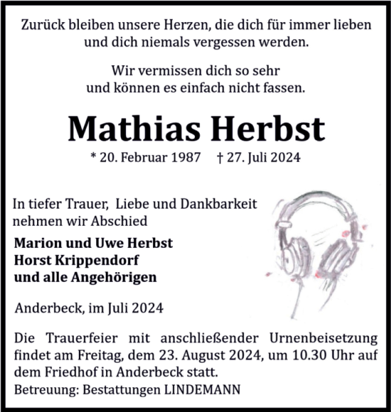 Traueranzeige von Mathias Herbst von Volksstimme Halberstadt