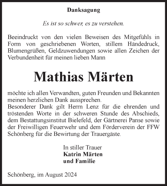 Traueranzeige von Mathias Märten von Volksstimme Altmark Ost