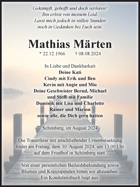 Traueranzeige von Mathias Märten von Volksstimme Altmark Ost