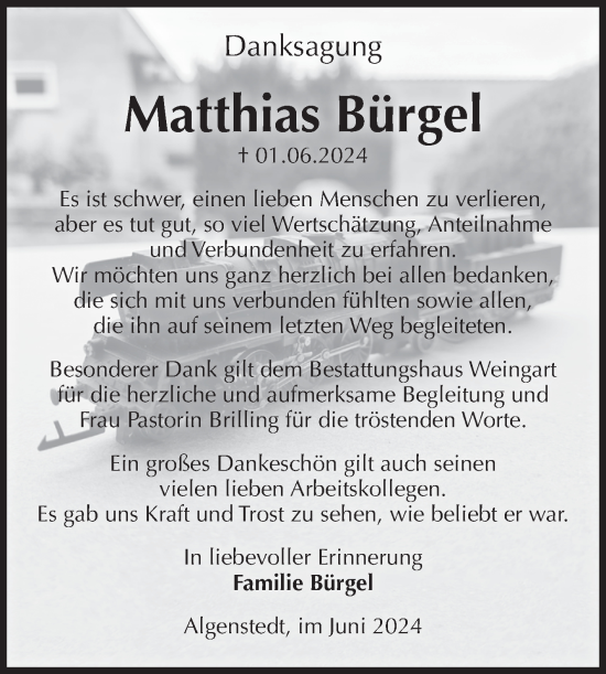 Traueranzeige von Matthias Bürgel von Volksstimme Altmark Ost