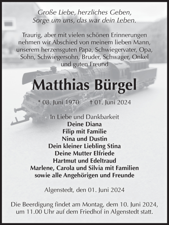 Traueranzeige von Matthias Bürgel von Volksstimme Altmark Ost