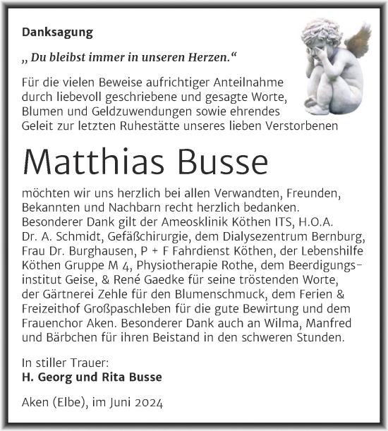 Traueranzeige von Matthias Busse von Trauerkombi Köthen