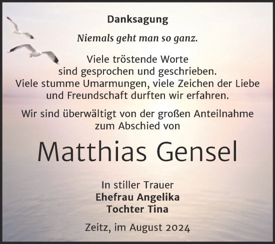 Traueranzeige von Matthias Gensel von Trauerkombi Zeitz