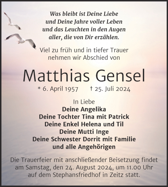 Traueranzeige von Matthias Gensel von Trauerkombi Zeitz