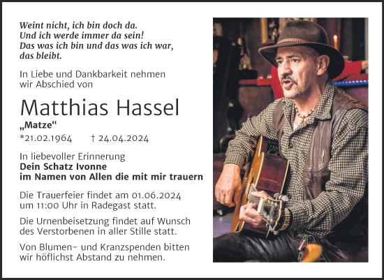 Traueranzeige von Matthias Hassel von Trauerkombi Köthen