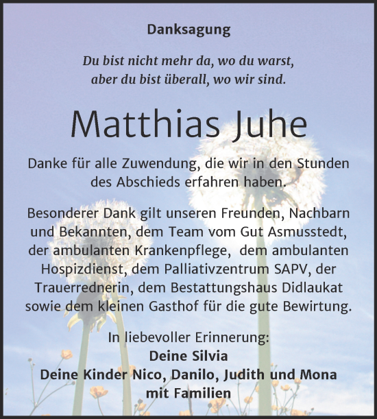 Traueranzeige von Matthias Juhe von Trauerkombi Quedlinburg