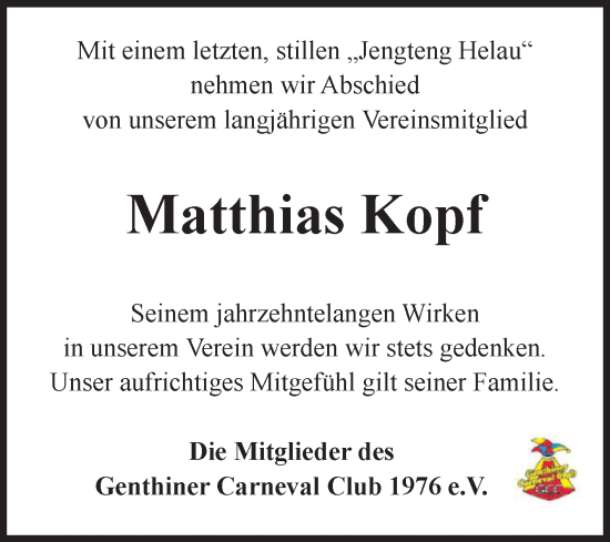 Traueranzeige von Matthias Kopf von Volksstimme Burg/Genthin
