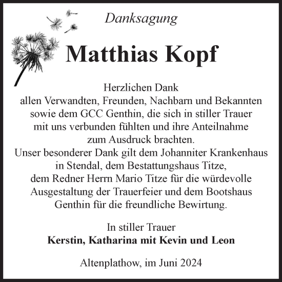 Traueranzeige von Matthias Kopf von Volksstimme Burg/Genthin