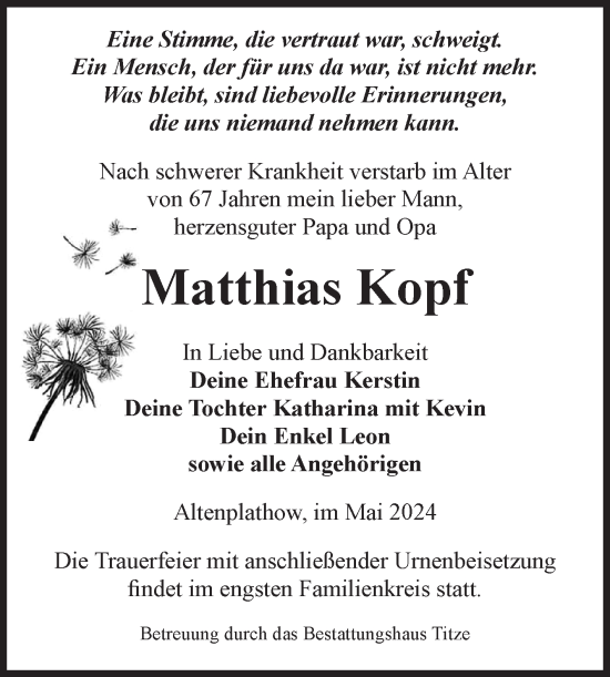 Traueranzeige von Matthias Kopf von Volksstimme Burg/Genthin