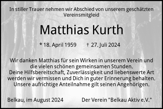 Traueranzeige von Matthias Kurth von Volksstimme Altmark Ost