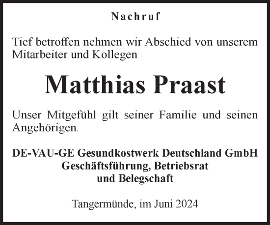 Traueranzeige von Matthias Praast 