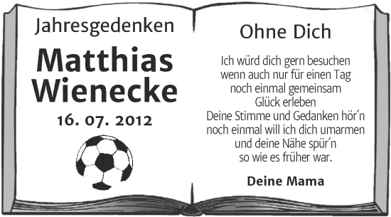Traueranzeige von Matthias Wienecke von Mitteldeutsche Zeitung Köthen