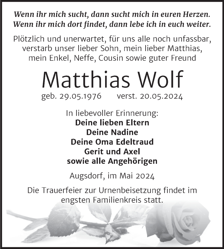  Traueranzeige für Matthias Wolf vom 31.05.2024 aus Trauerkombi Mansfelder Land
