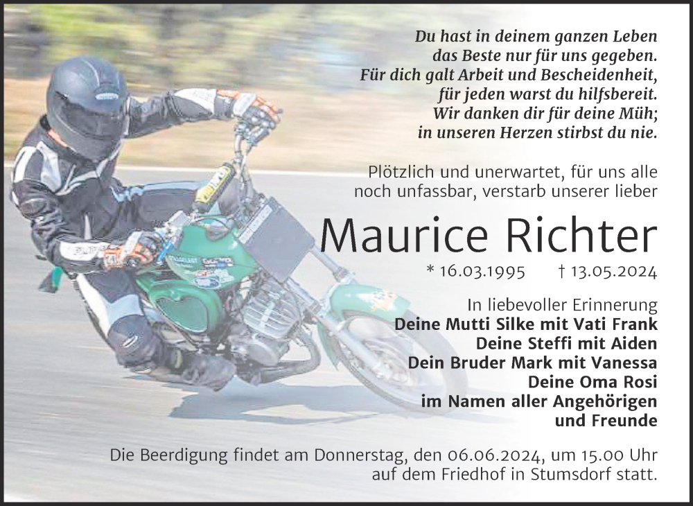  Traueranzeige für Maurice Richter vom 01.06.2024 aus Mitteldeutsche Zeitung Halle/Saalkreis